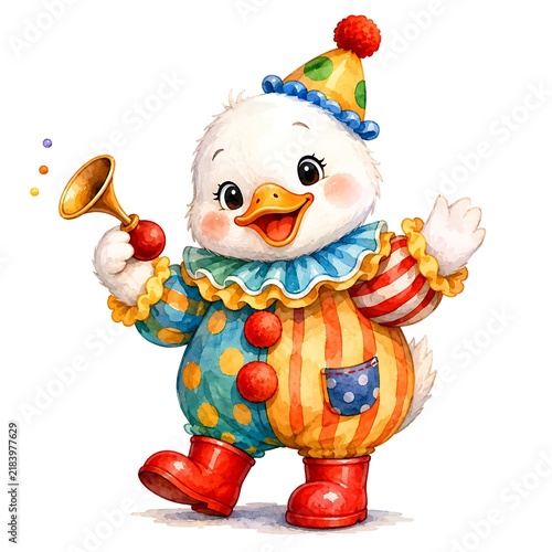 Cute duckling in colorful clown costume and party hat waving hand, cartoon mascot