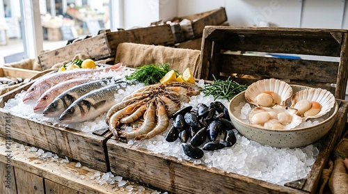 Fresh raw fish and seafood on ice display at a market. oceanic food display