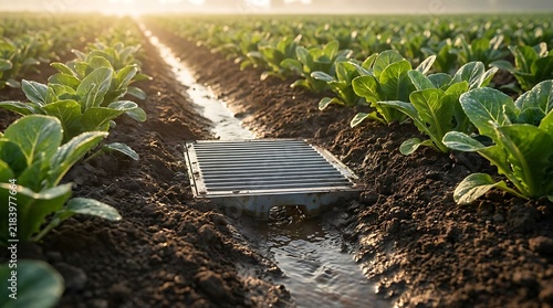 Metal irrigation drainage grate in a vegetable farm field with water flowing during golden hour. farm drainage solutions