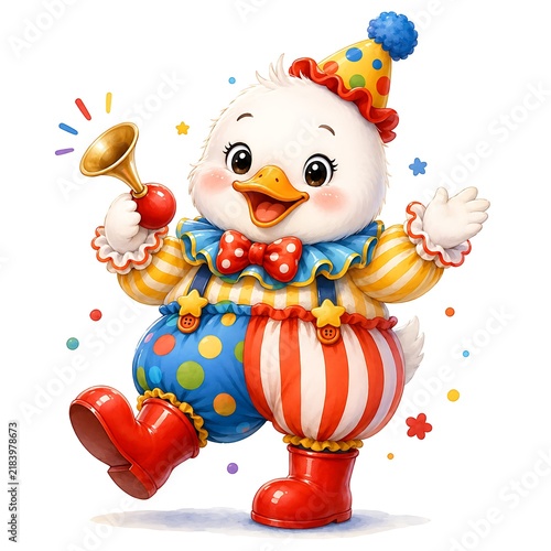 Cute duck dressed as a clown holding a horn trumpet, watercolor illustration