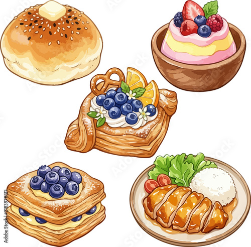 Illustrations of buttered brioche, a berry bowl, fruit pastries, blueberry pastry, and chicken Hainan with rice. Hand-drawn food set on a white background