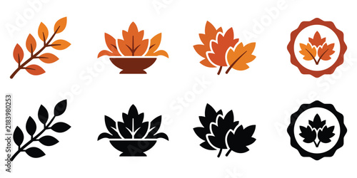 Thanksgiving Harvest Icons Collection, Autumn Leaves, Pumpkin, Acorn and Seasonal Symbols