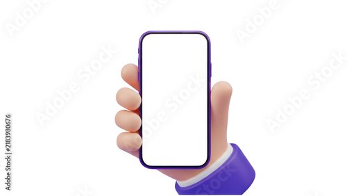3d cartoon hand holding a modern smartphone with a blank screen for mobile app display