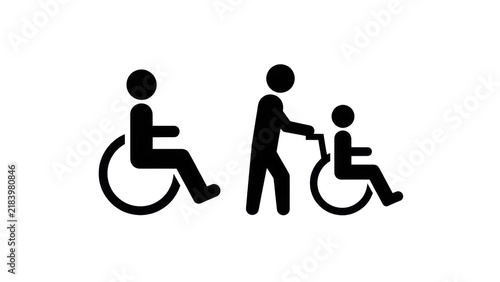 Black silhouette icons of a person in a wheelchair and an assistant helping patient