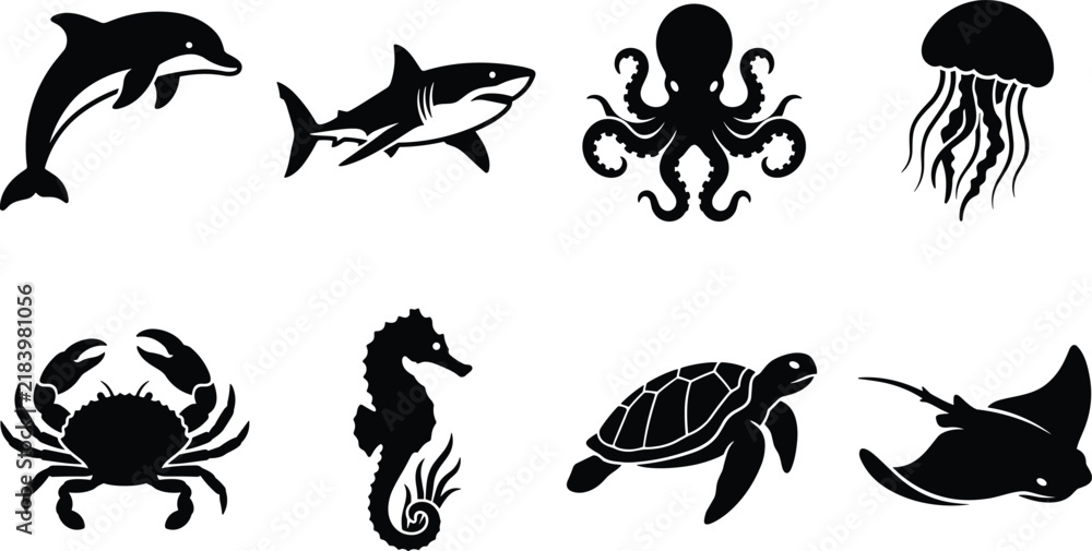 Fototapeta premium Marine Animal Silhouette Collection Featuring Dolphin Shark Octopus Jellyfish Crab Seahorse Turtle and Stingray