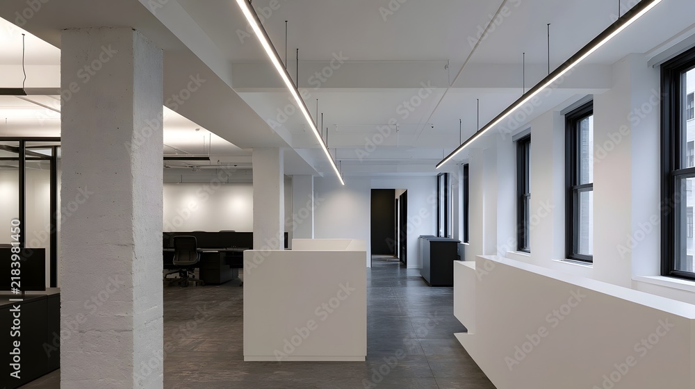 Fototapeta premium A modern minimalist office interior with white columns suspended lighting and large along a long corridor