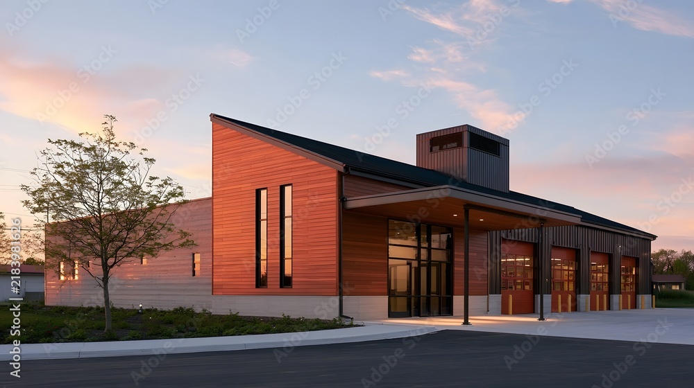 Obraz premium Modern fire station with wooden siding and glass doors under warm sunset sky featuring covered entry and multiple bay doors