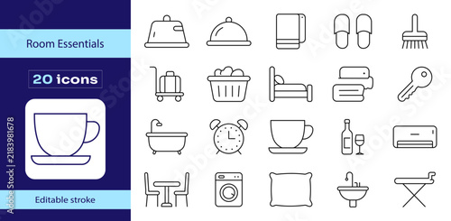 Hotel room essentials line icon set with 20 editable stroke vector symbols, hospitality service and accommodation amenities collection, minimalist outline icons for travel and lodging apps