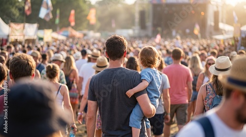 Parent carrying a small child on shoulders during a sunny outdoor music festival event