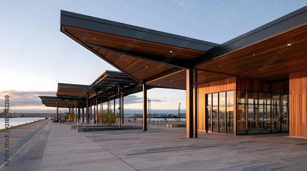 Obraz premium Modern wooden and glass waterfront building with covered walkways and paved plaza under clear sky