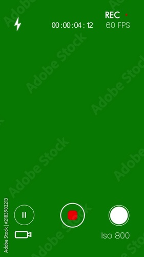 Vertical camera interface, smartphone video camera frame grid, video camera recorder screen overlay, camera viewfinder, recording overlay frame with timecode counter on green screen background