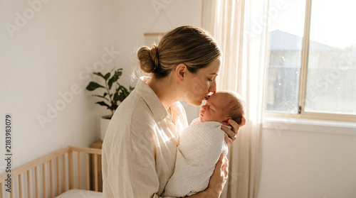 Beautiful candid photography of a loving mother gently kissing her newborn babys forehead in a bright sunlit nursery, capturing a quiet and pure happy moment.