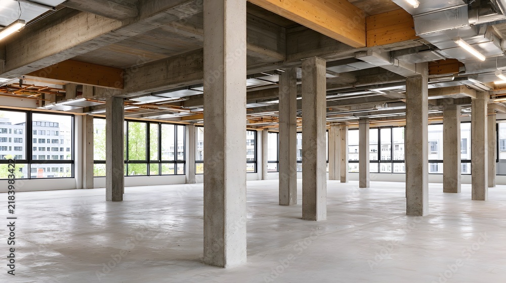 Obraz premium Large open concrete space with exposed beams and pillars featuring large and industrial ceiling infrastructure