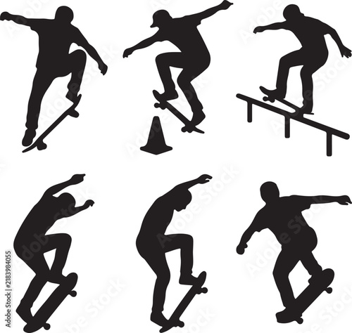 Silhouettes of Skateboarders Performing Tricks at Sunset