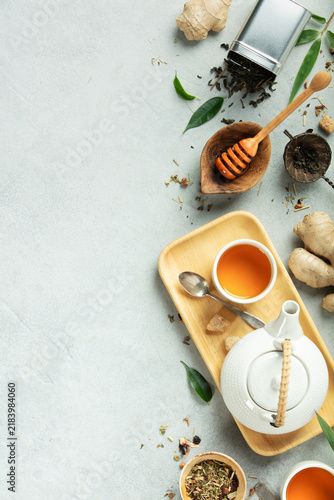 Natural Tea and Wellness Flat Lay with Herbs, Honey, and Ginger