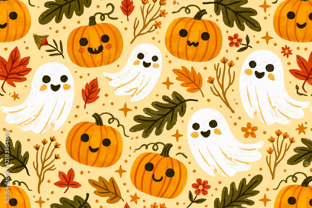 Fototapeta premium ハロウィンのかわいいおばけとカボチャのシームレスパターン