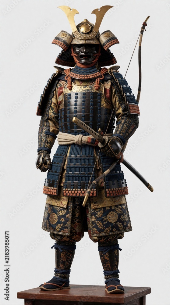 Fototapeta premium Japanese samurai warrior full armor with sword and bow. Ancient ornate battle suit worn by historical fighter. Traditional warrior outfit, combat gear.