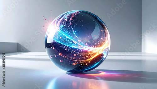 Vibrant Glowing Sphere Emitting Swirling Energy and Sparkling Particles on a Reflective Surface