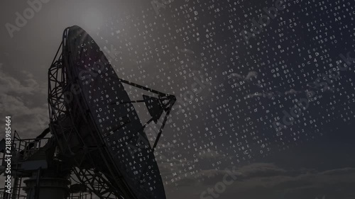 Set of two seamless loop technology videos featuring a satellite communication dish silhouette with animated hexadecimal code overlay, available in monochrome and color versions