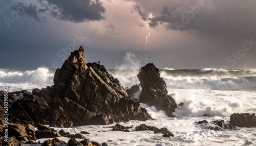 Dramatic lightning strike illuminates a stormy ocean with crashing waves against rugged rocks