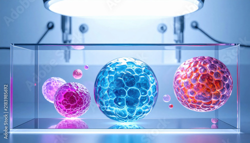 Vibrant, textured spherical cells glowing with internal light in a futuristic laboratory setting, representing advanced biotechnology and cellular research.