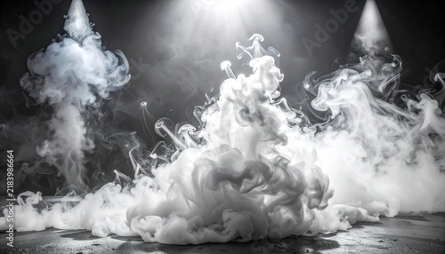 Dramatic White Smoke Plumes Swirling Amidst Dark Background With Light Rays