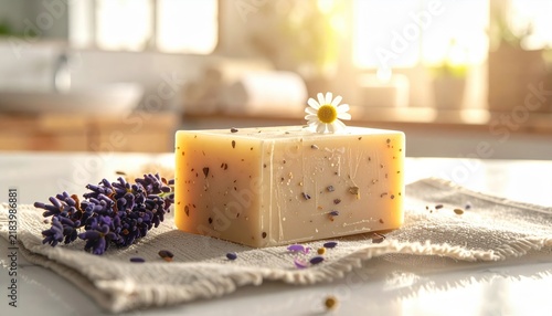 Artisanal Lavender and Chamomile Soap Bar with Botanical Inclusions Presented on Textured Cloth