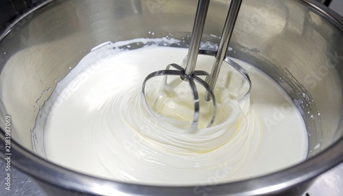 Electric Mixer Whisking Cream in Stainless Steel Bowl for Dessert Making