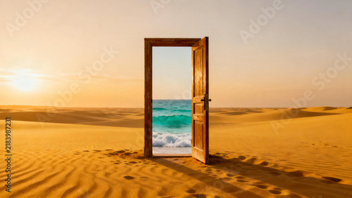 Surreal Door Connecting Desert and Ocean