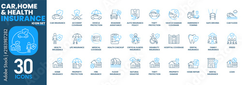 Car, home, and health insurance icon set. Containing automobile protection, medical coverage, property damage, life insurance, disability policy. Vector icon set