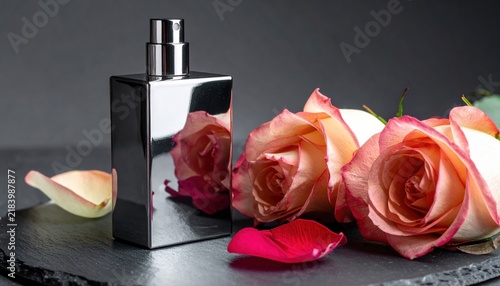 Elegant Chrome Perfume Bottle with Delicate Rose Petals on Reflective Surface