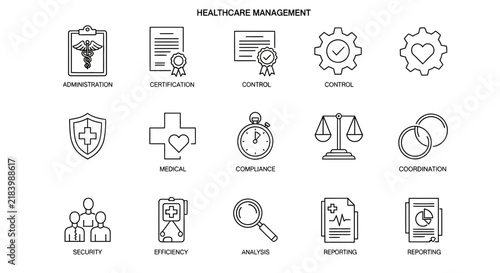 Minimalist Healthcare Management Icons Set in Clean Black and White Line Style