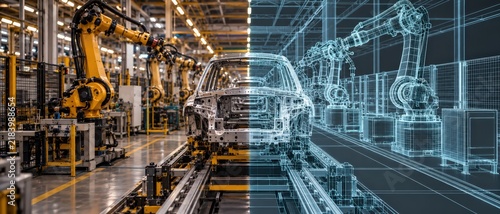Digital Twin Technology in Automotive Factory, Split View of Real and Virtual Robotic Car Assembly Line for Smart Manufacturing Industry 4.0
