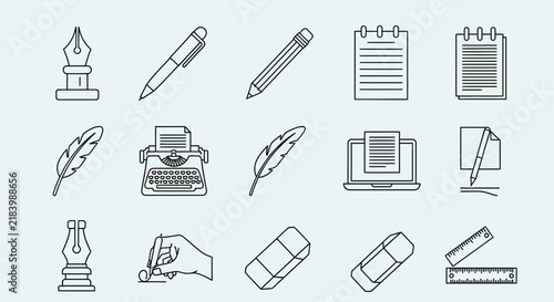 Minimalist Line Icons of Writing and Office Tools on Light Gray Background