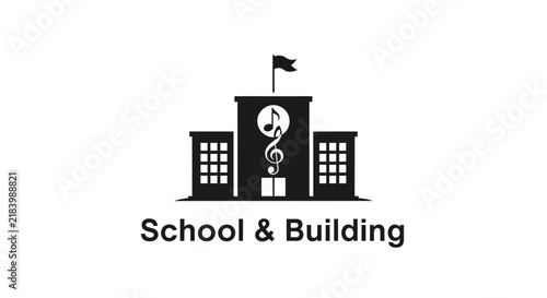 School Building Icon With Musical Symbols on White Background