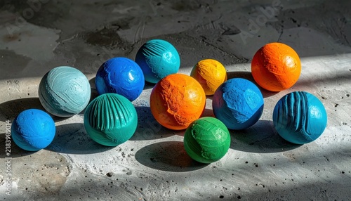 Collection of Textured Spheres in Vibrant Colors Arranged on a Concrete Surface
