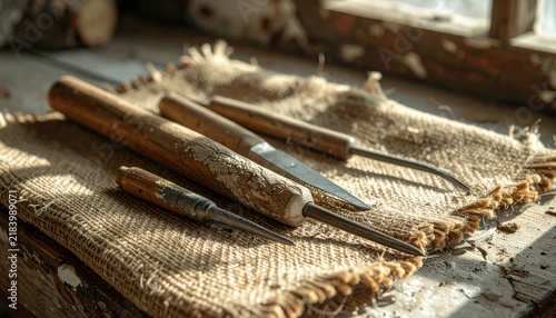 Collection of Vintage Woodworking Chisels Arranged on Rough Burlap Fabric, Showcasing Antique Craftsmanship