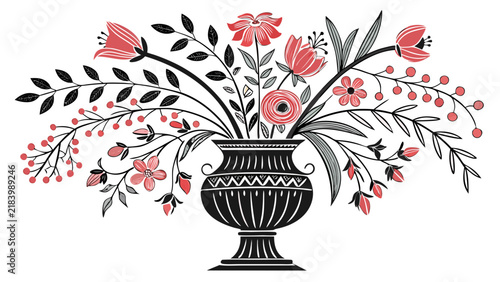 Foto Decorative flower bouquet in an ornate black urn with decorative vase