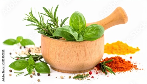 Fresh Culinary Herbs and Spices Arranged in a Wooden Mortar with Pestle for Flavorful Cooking