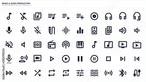 Music and audio production thin line vector icons set with sound symbols