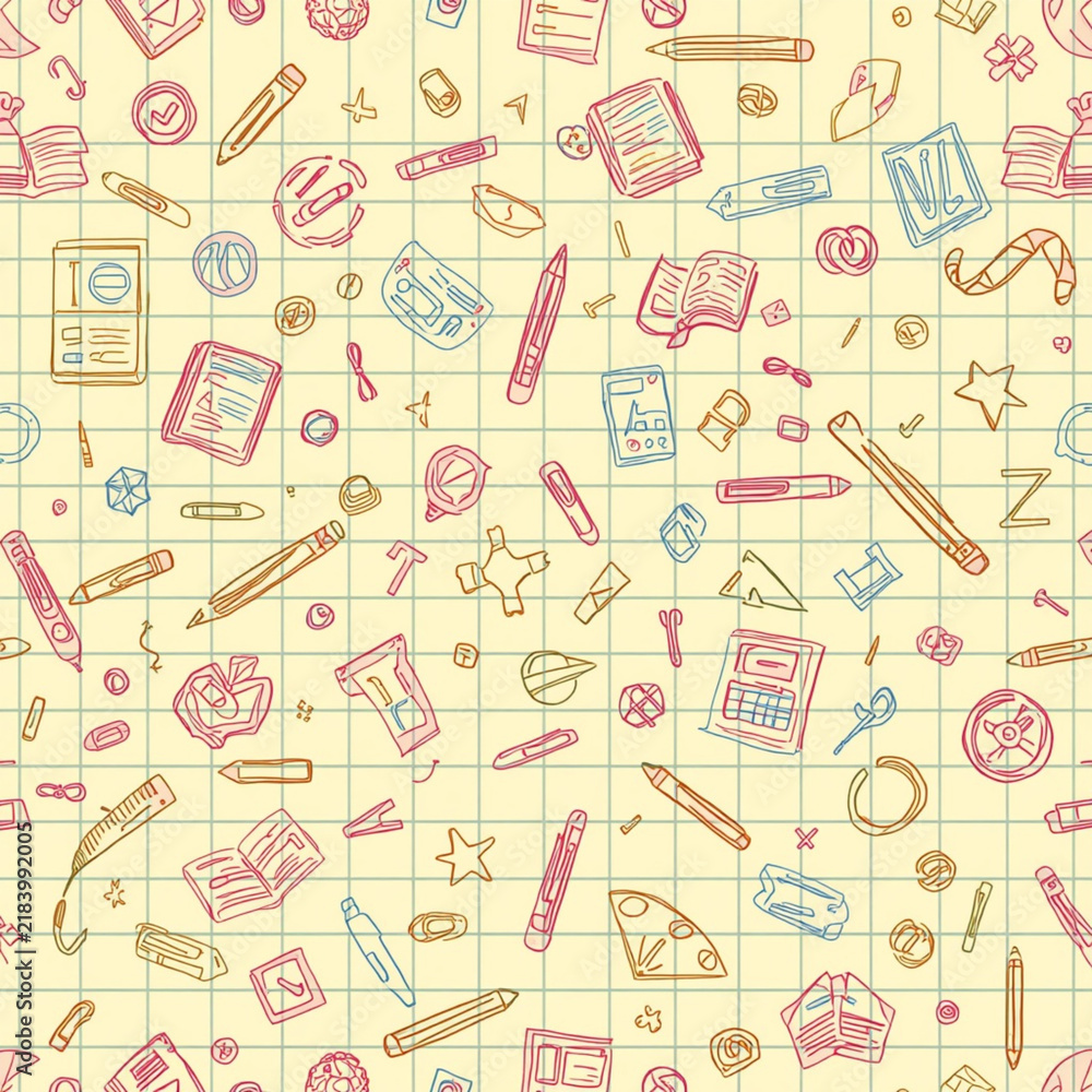 Seamless pattern of hand drawn school supplies on grid paper background. Doodle illustration of pencils and notebooks for back to school stationery.