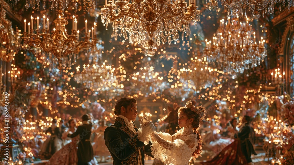 Obraz premium Intimate moment of a couple dancing under glowing ballroom lights