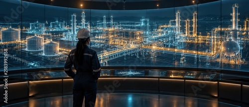 Female Engineer Monitoring Digital Twin of Oil Refinery Plant on Panoramic Screen, Futuristic Control Room for Industrial Energy Technology