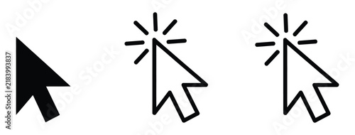 Cursor mouse click icon set featuring click arrow icons and computer mouse cursor symbols for web interfaces, application UI, navigation, and digital interaction design