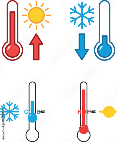 Illustrative depiction of temperature changes with thermometers showing hot and cold weather conditions and seasonal transitions