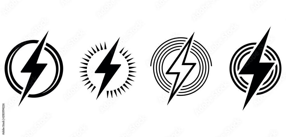 Fototapeta premium Set of four black lightning bolt icons in circular frames isolated on a white background design.