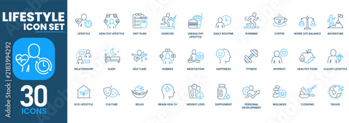Lifestyle icon set. Containing healthy living, diet plan, exercise, daily routine, mental wellness, meditation, work life balance, and personal development. Blue line vector icons collection.