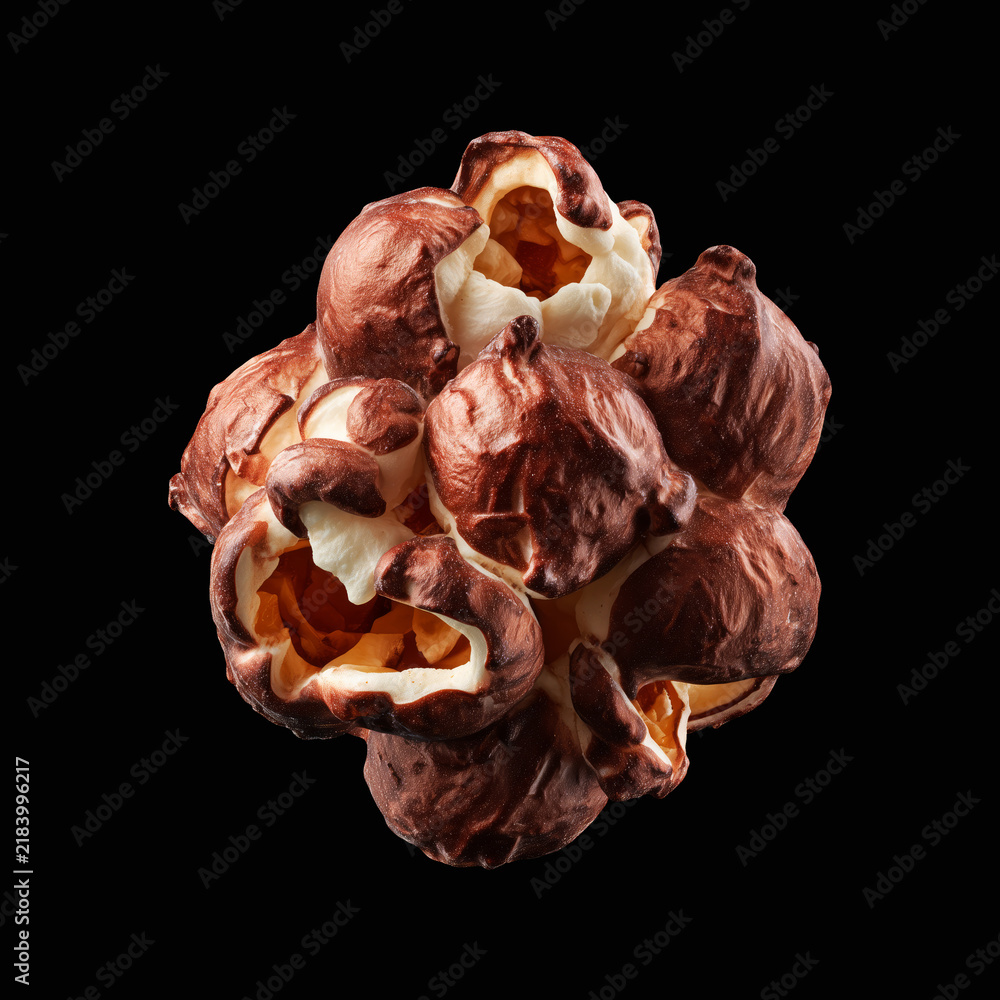 Obraz premium Chocolate popcorn cluster kernel coated in glossy golden caramel, isolated on black background, concept of gourmet snack food