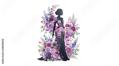 Elegant silhouette of a woman wearing a beautiful dress made of vibrant purple and pink flowers isolated on transparent background