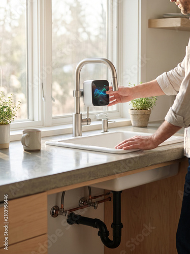 Person touching digital smart water filter display on kitchen faucet in bright Japandi interior mockup